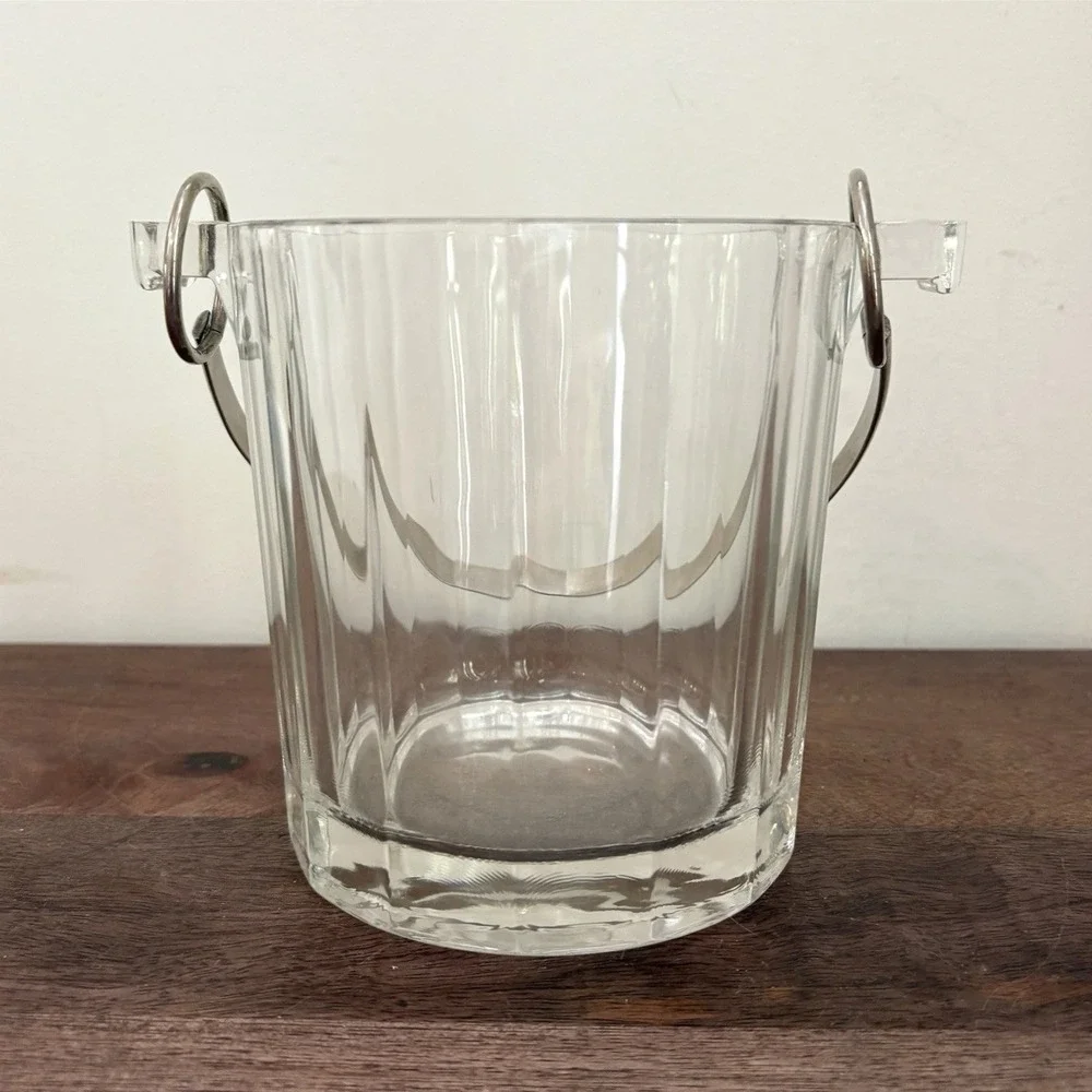 Vintage Clear Paneled Glass Ice‎ Bucket with Silver Tone Metal Swing Handle